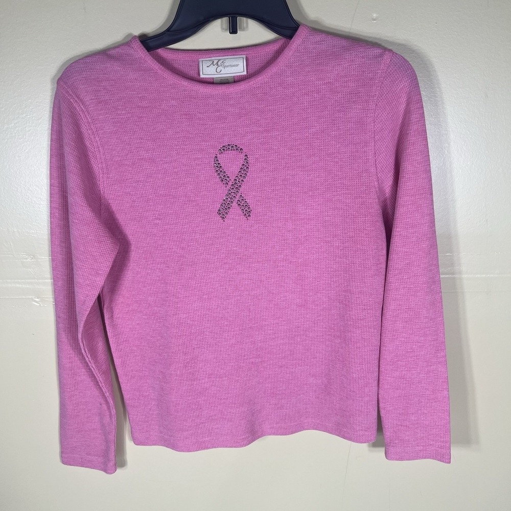 M&C Sportswear Thermal Top Pink Women Small Breast Cancer Awareness Rhinestone